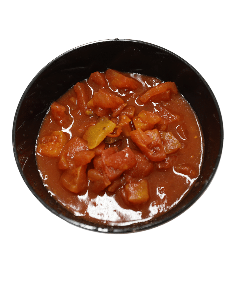 A stew with vegetables and diced tomatoes.