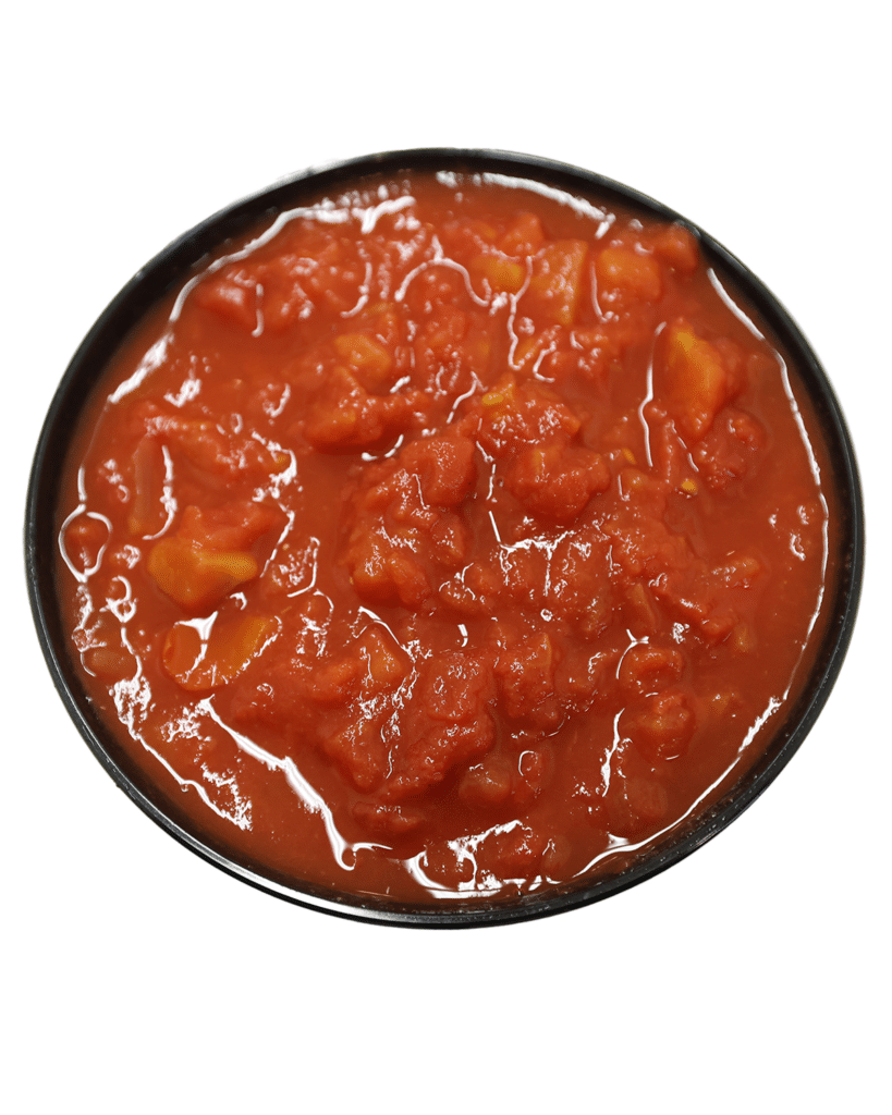 A bowl of crushed tomatoes in puree on a white background.