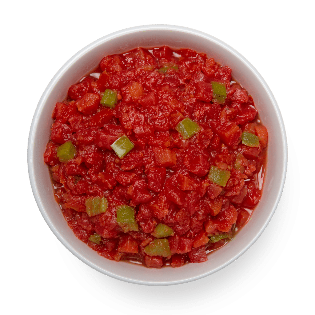 A bowl of organic red salsa with diced tomatoes and green chilies on a white background.