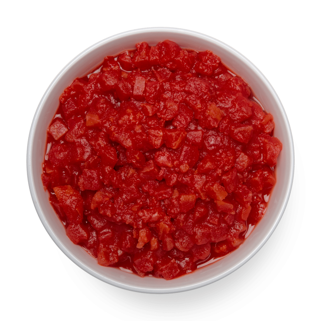 A bowl of tomato sauce made with organic petite diced tomatoes in organic tomato juice, on a white background.