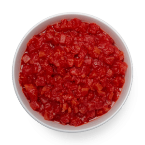 A bowl of tomato sauce made with organic petite diced tomatoes in organic tomato juice, on a white background.