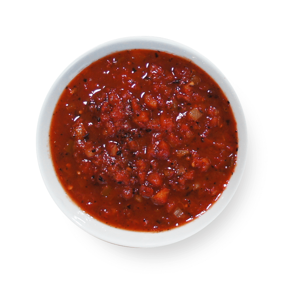 A bowl of fire roasted red sauce on a white background.