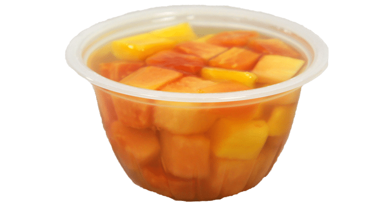 A cup of Apple and Strawberry in a plastic container.