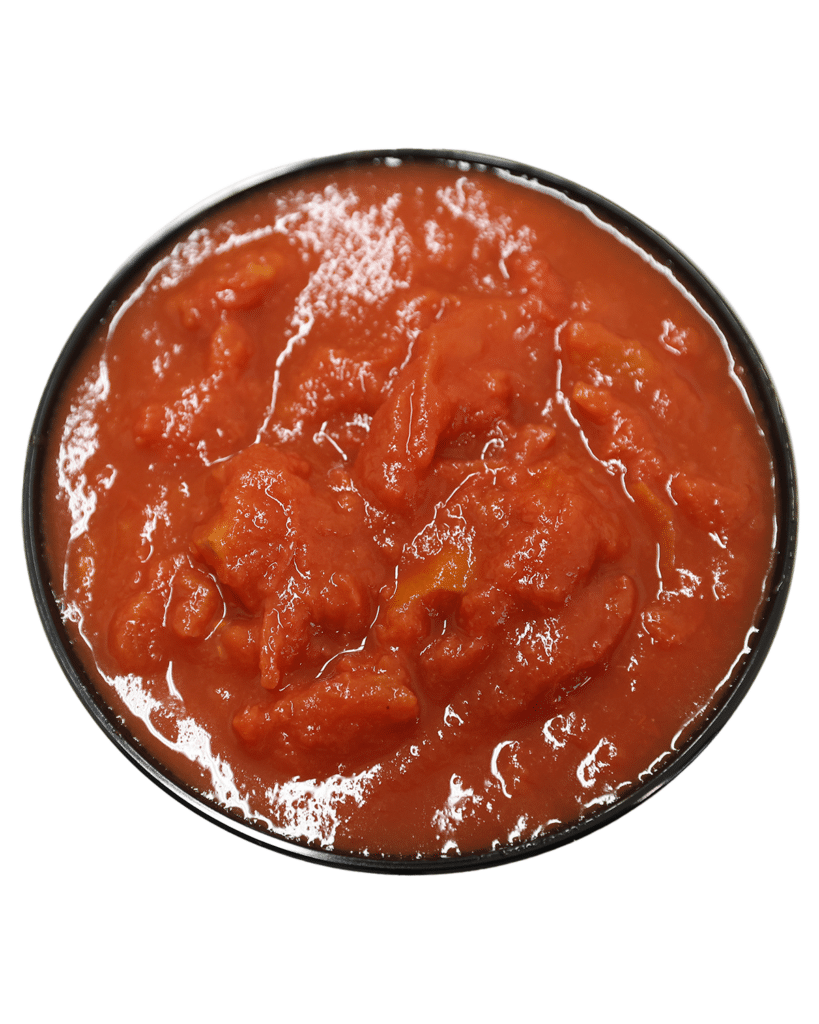 A bowl of Italian-style tomato sauce on a white background.