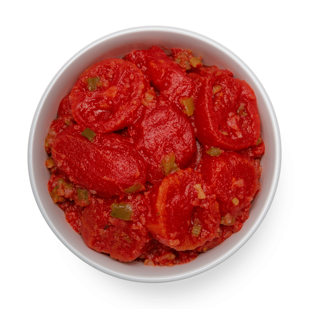 Stewed tomatoes in a bowl on a black background.