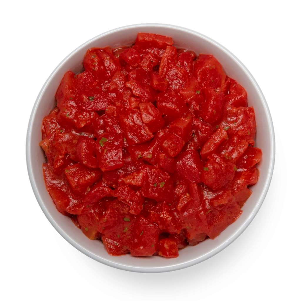 Italian diced tomatoes in a bowl on a black background.