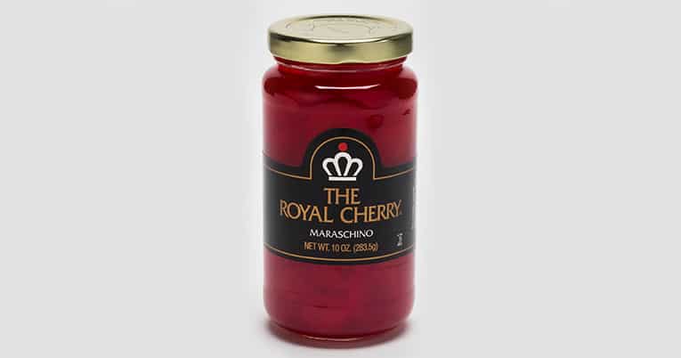 10oz jar of royal cherry jam with red maraschino cherries with stems on a white background.