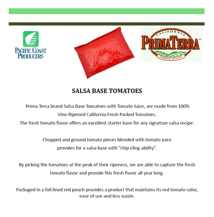A flyer for Broker's Section salsa base tomatoes.