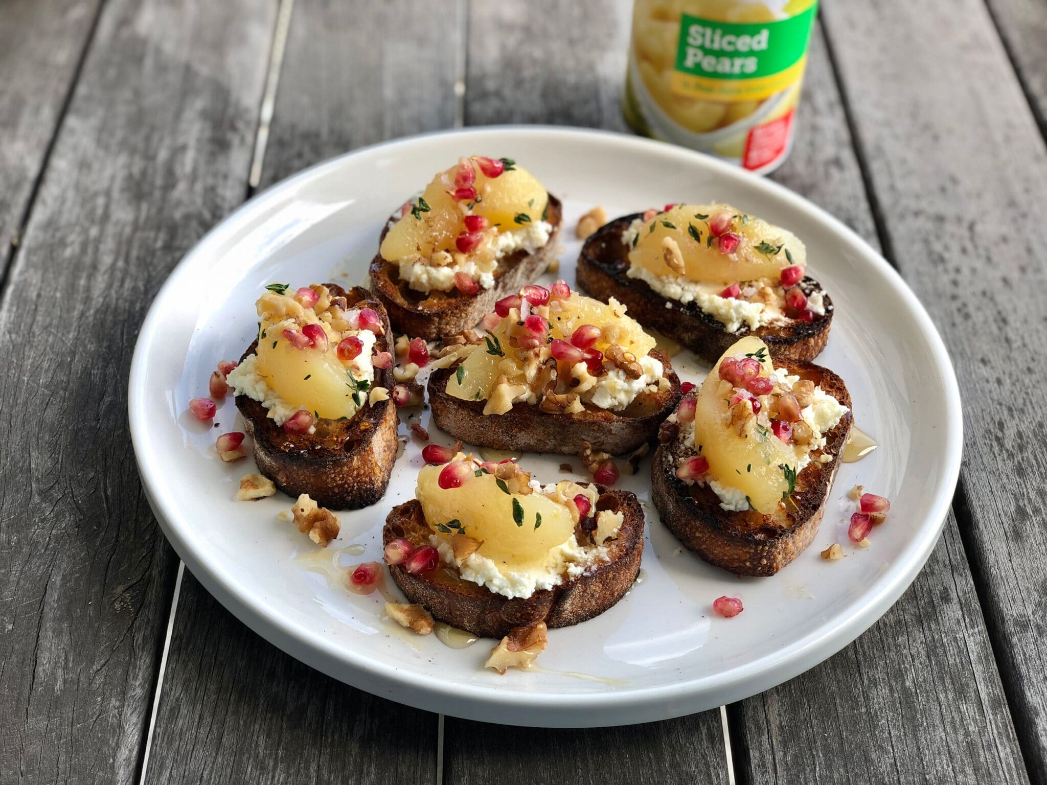 Pomegranate and goat cheese crostini with pomegranate chutney.