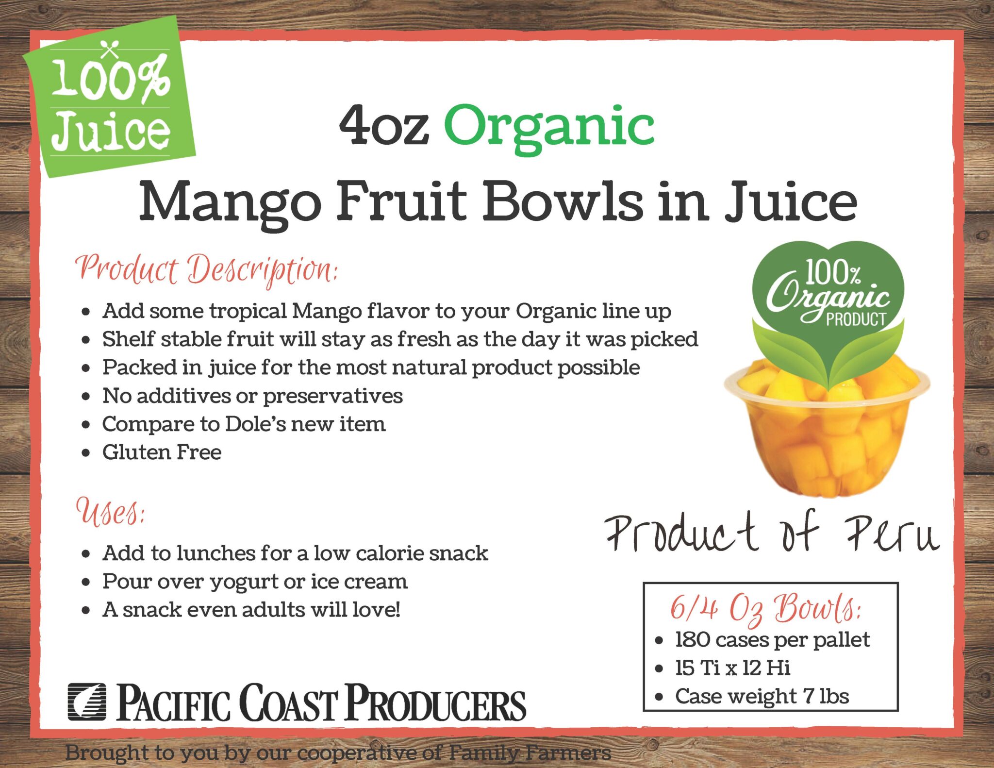 A retail flyer introducing organic mango fruit bowls in juice.