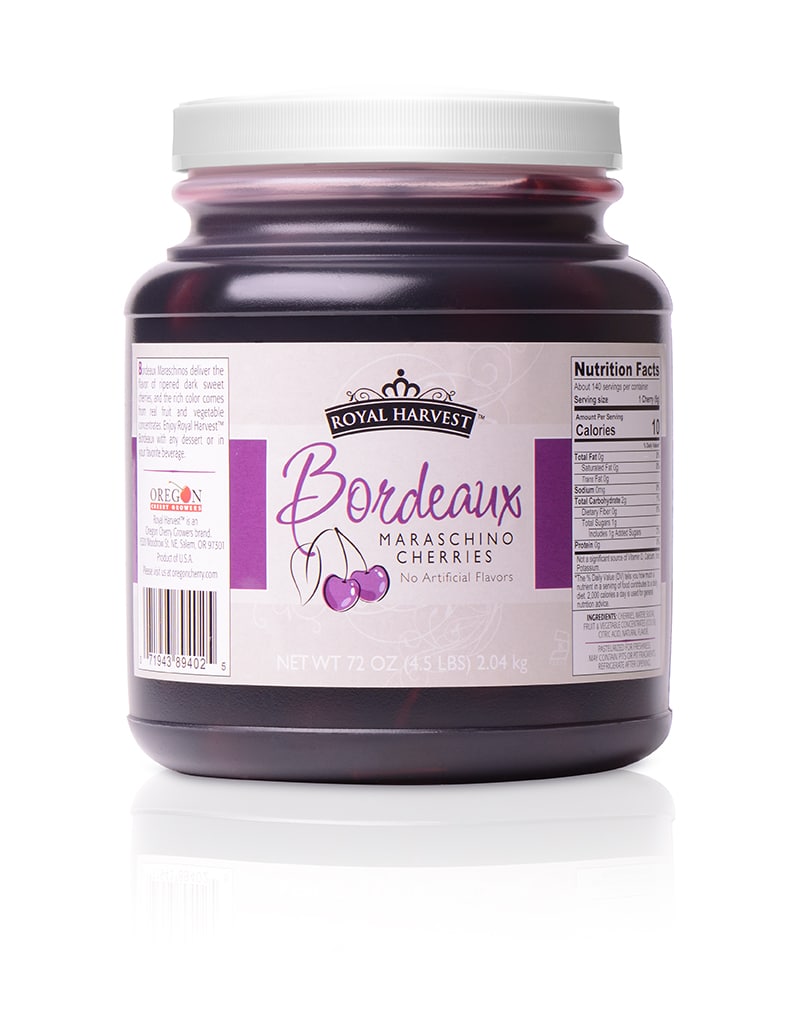 A 72 oz jar of Royal Harvest Bordeaux Maraschino Cherries with a white background.