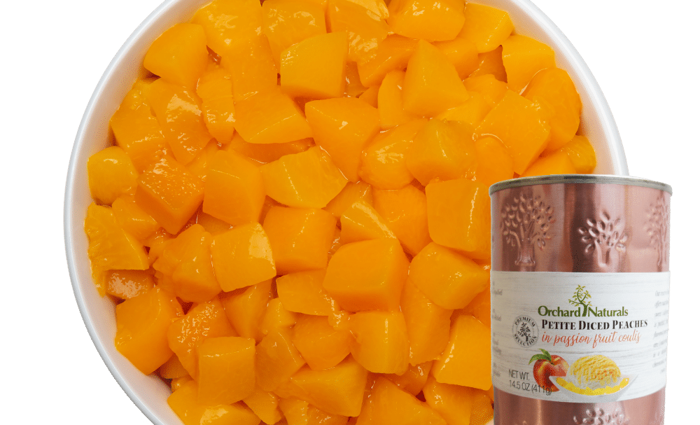 Petite Diced Peaches in Passion Fruit Coulis with product shot