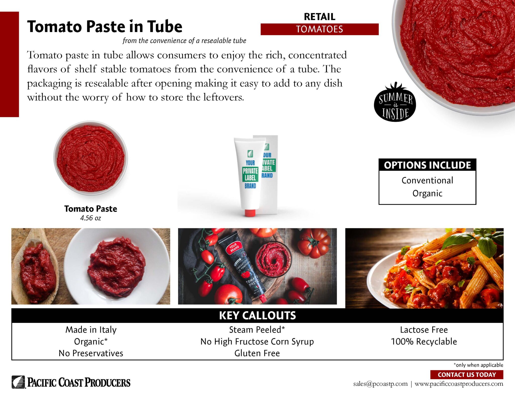 Tomato paste infographic highlighting retail advantages of tube packaging.