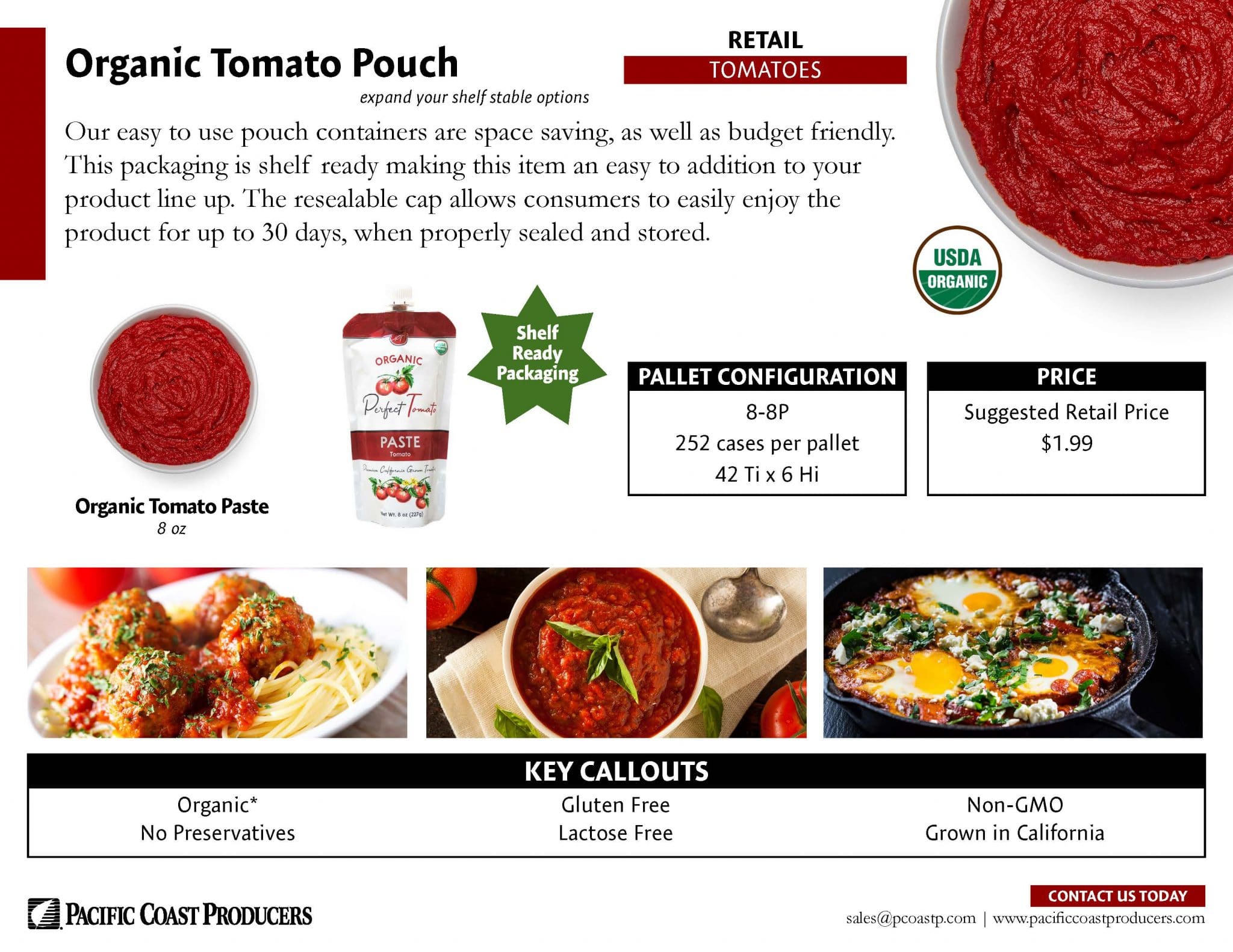 A flyer for organic tomato pouches.