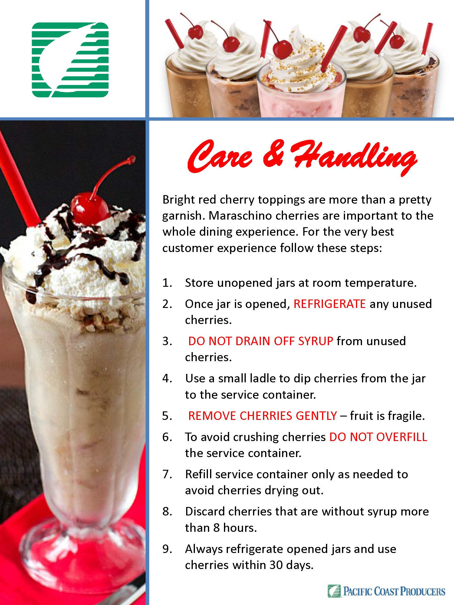 A poster providing instructions for creating a sundae, emphasizing care and handling of maraschino cherries.