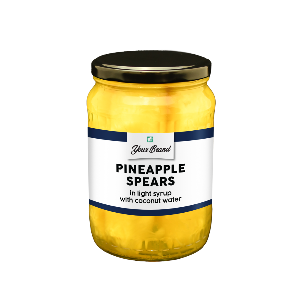 A jar of pineapple spears in light syrup on a white background.