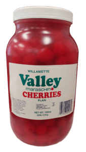 product shot willamette valley maraschino cherries plain in gallon poly jar