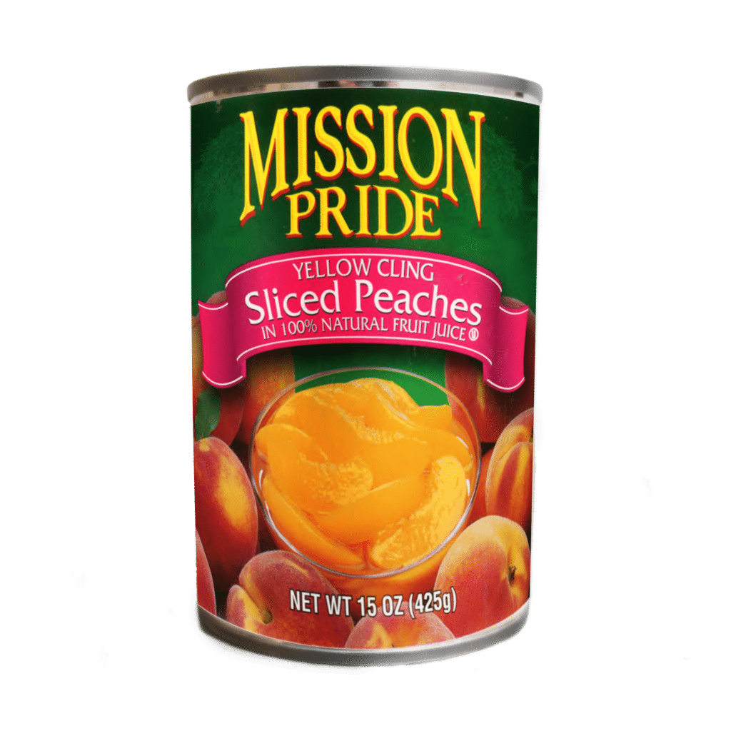 product shot of mission pride canned yellow cling sliced peaches in fruit juice 15 ounce can