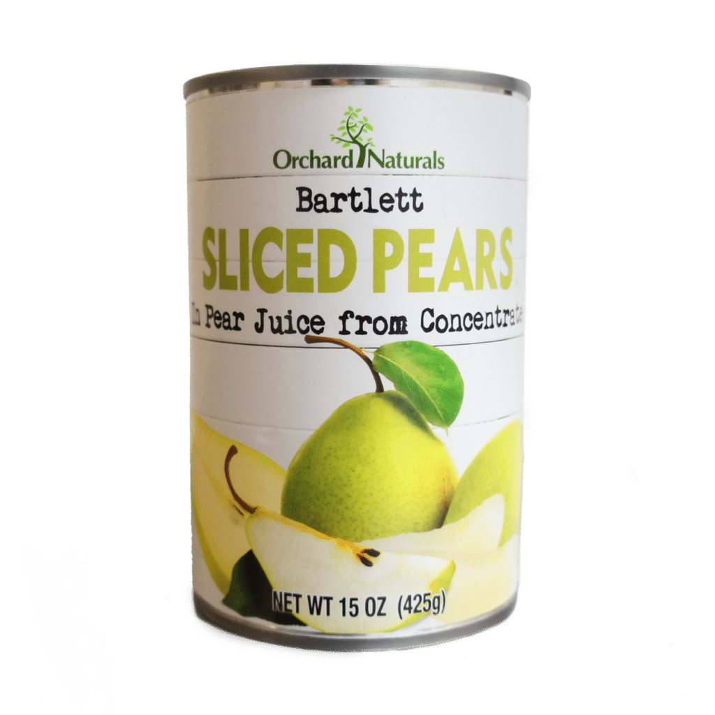 product shot of orchard naturals canned bartlett sliced pears in fruit juice 15 ounce can