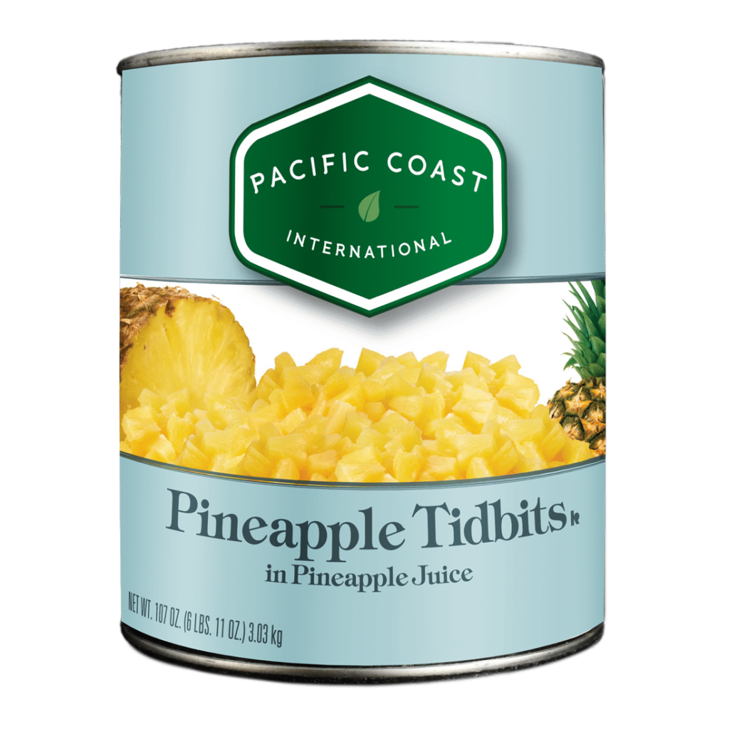 product shot pacific coast international pineapple tidbits in pineapple juice in #10 can 