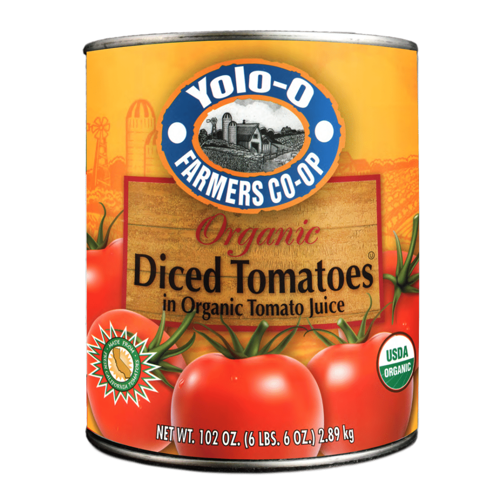 product shot yolo-o organic designed tomatoes in tomato juice made from fresh pack California tomatoes #10 can