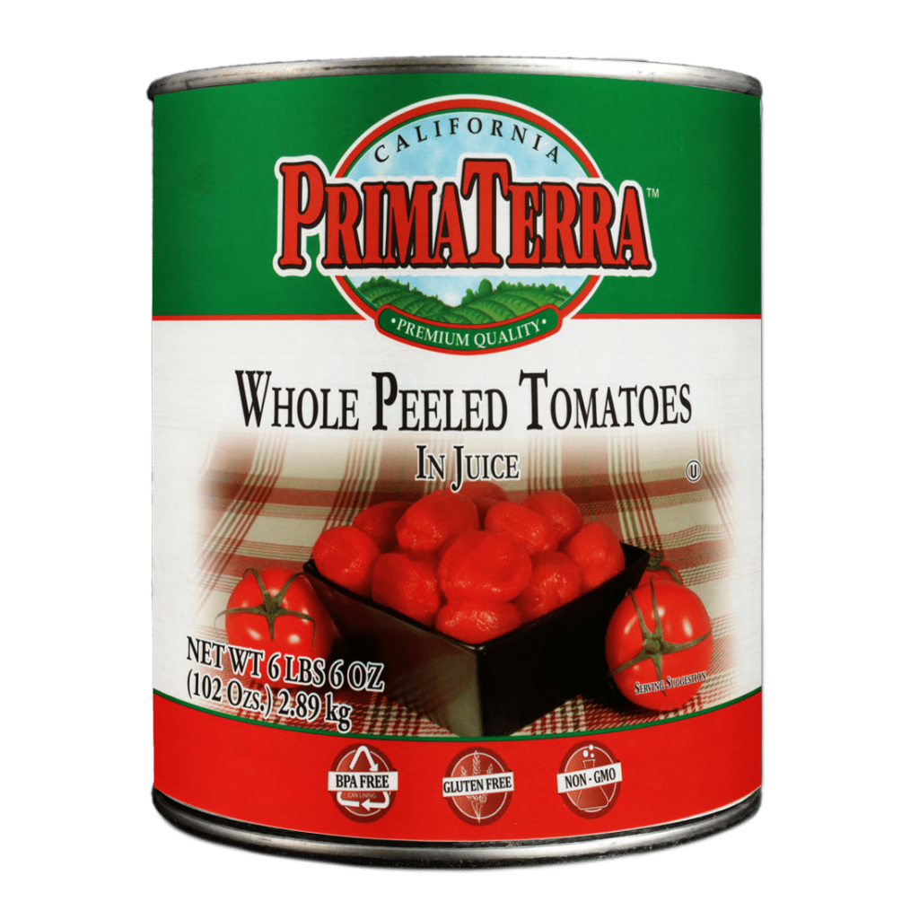 product shot prima terra canned whole peeled tomatoes in juice #10 can