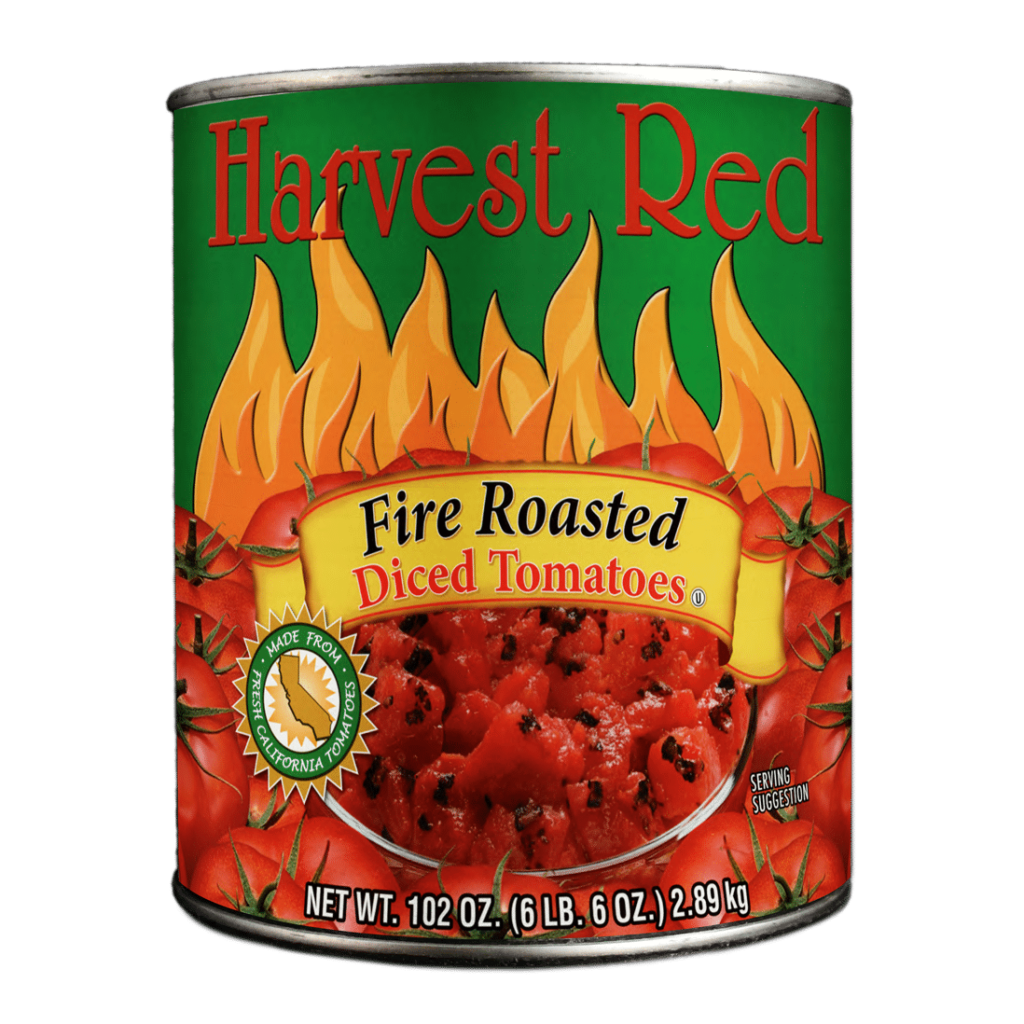 product shot harvest red canned fire roasted diced tomatoes made from California fresh pack tomatoes #10 can