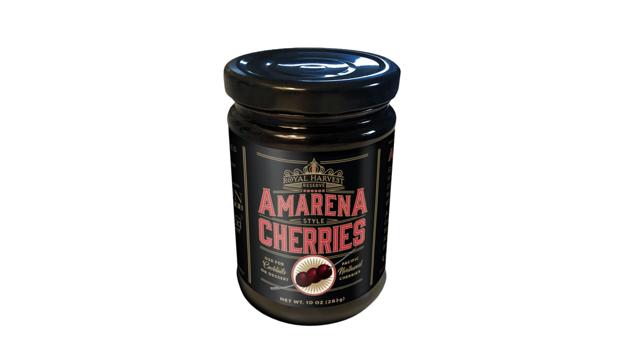 royal harvest reserve amarena-style cherries in 10 ounce glass jar retail size packaging