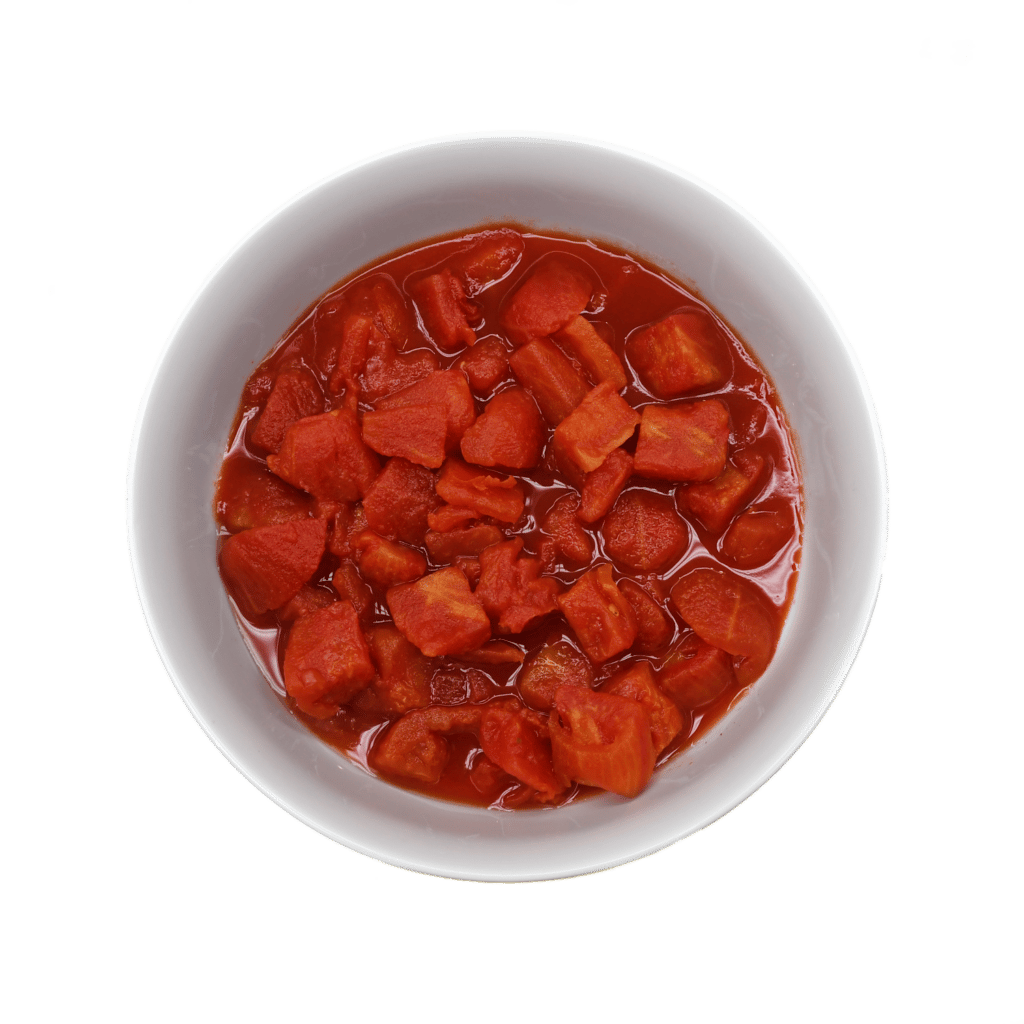 canned chunky diced tomatoes placed in a white bowl overhead shot