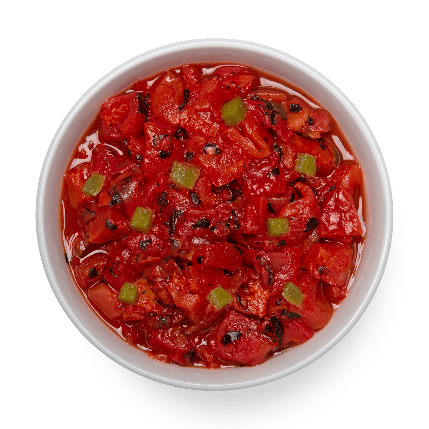 canned fire roasted diced tomatoes with green chilies placed in a white bowl overhead shot