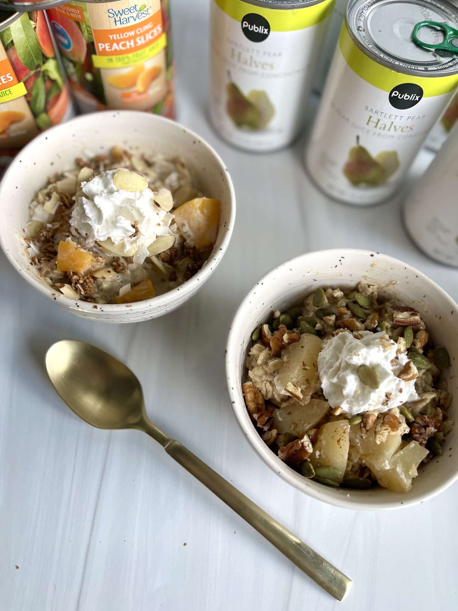recipe image of overnight oats with canned peaches and canned pears