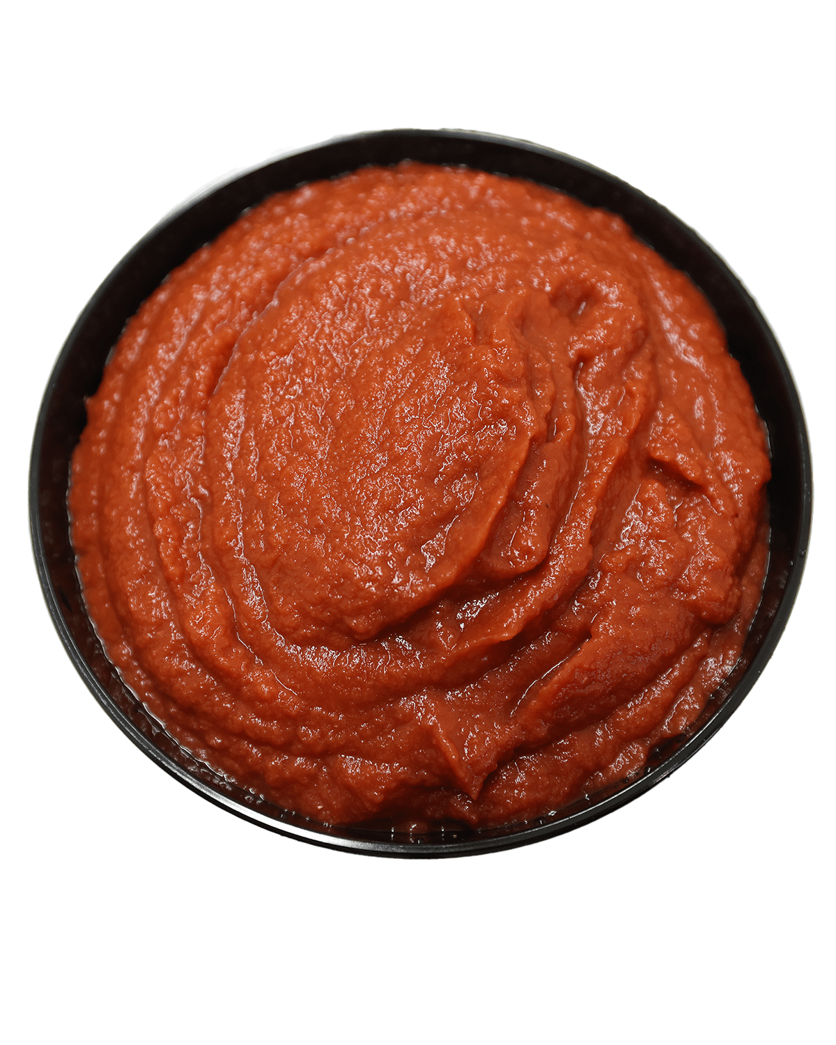 A red sauce on a white background, made with organic EVOO and spices.
