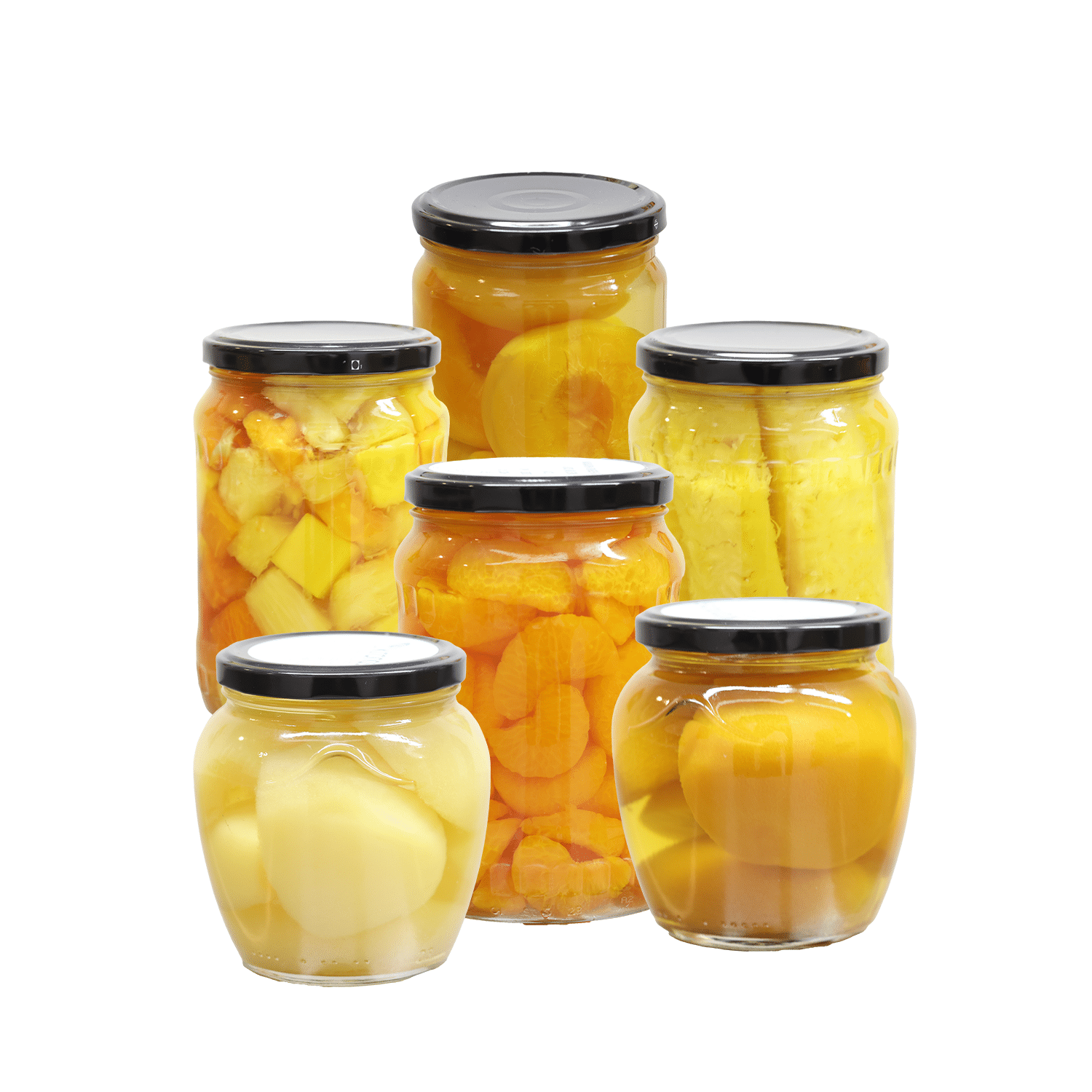 five glass jars with pears peaches mandarin oranges pineapple spears and tropical fruit